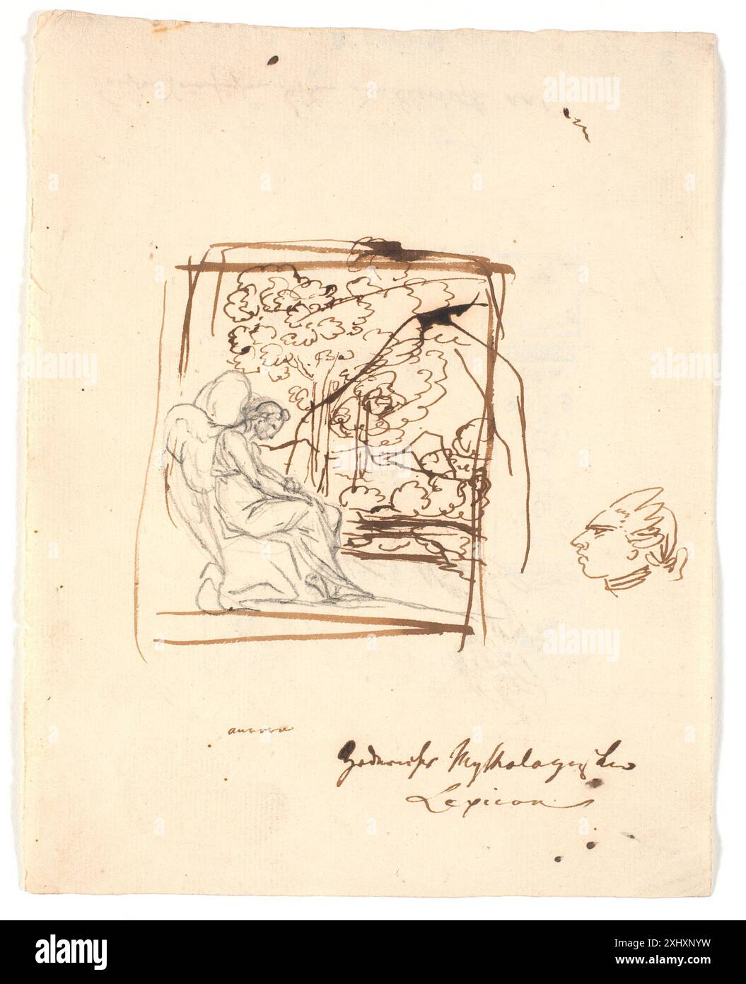 Un disegno di un genio alato seduto con alberi sullo sfondo e una testa caricaturata sul lato destro. Foto Stock