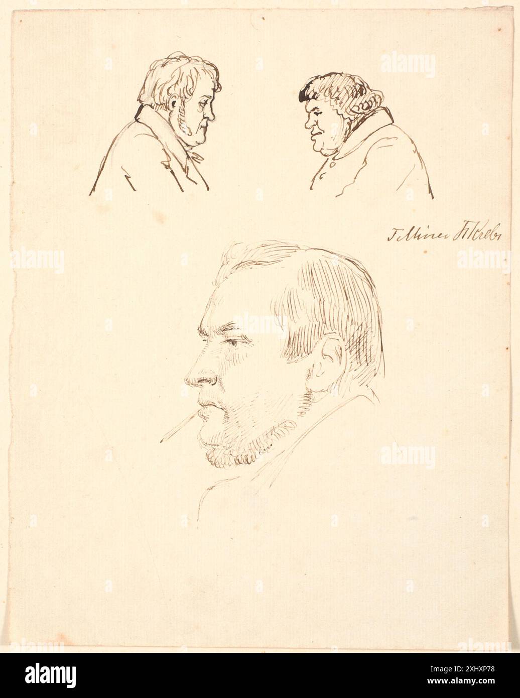 Disegno di P.C. Skovgaard che mostra due teste maschili leggermente caricate di profilo con un ulteriore ritratto maschile a sinistra sotto, che enfatizza le caratteristiche del viso e la postura. Foto Stock