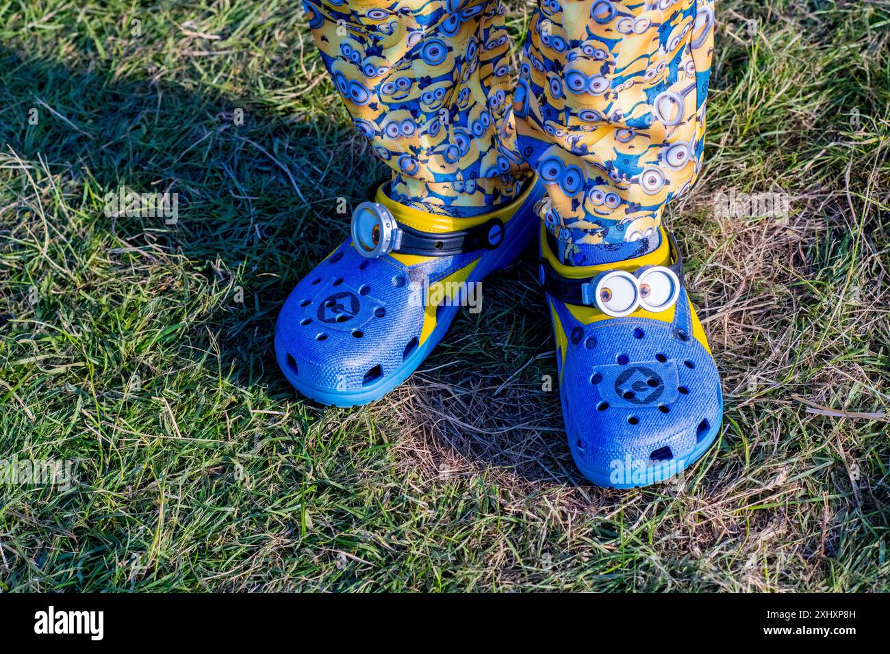 Uomo che indossa pantaloni e scarpe a coccodrillo coperte con i personaggi dei cartoni animati The Minions all'esterno a un festival musicale. Foto Stock