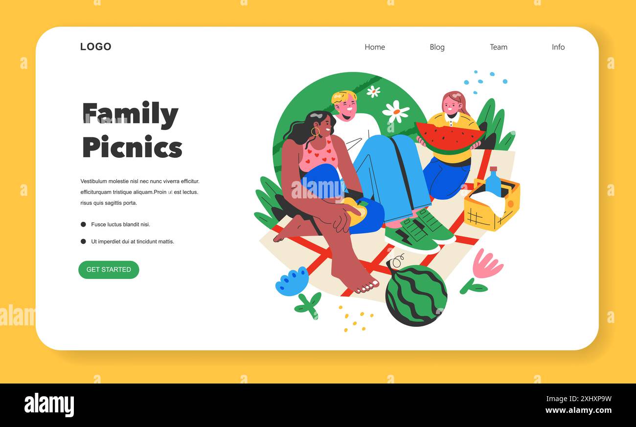 Concetto di picnic per famiglie. Gita rilassata con i bambini che gusteranno un pasto in mezzo alla natura su una vibrante pagina del sito Web. Estate, tempo libero e divertimento. Illustrazione vettoriale. Illustrazione Vettoriale
