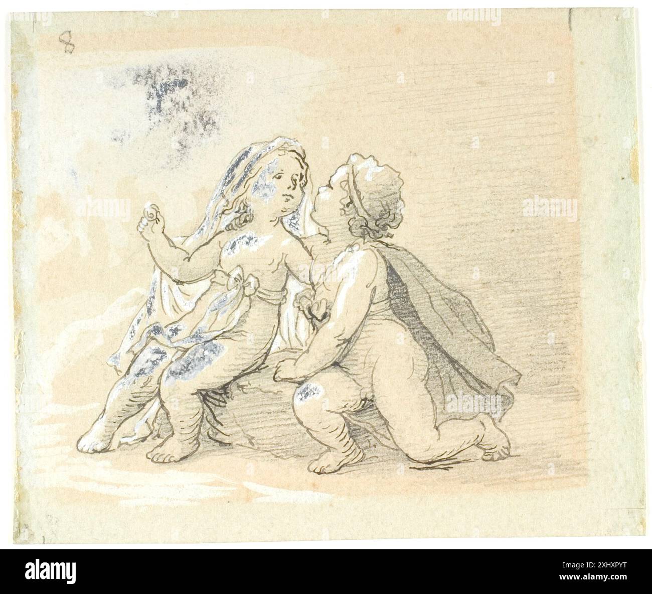 Disegno di Lorenz Frølich raffigurante una vignetta di un ragazzo che si propone ad una ragazza, mostrando due bambini, gesti e dettagli di abbigliamento. Foto Stock