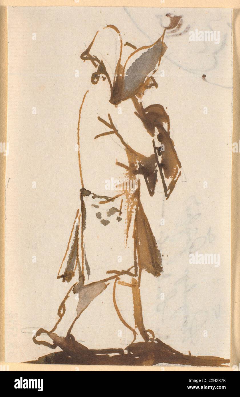 Disegno di Nicolai Abildgaard che mostra una caricatura di un uomo che cammina di profilo a destra, indossando un cappello triangolare. Foto Stock