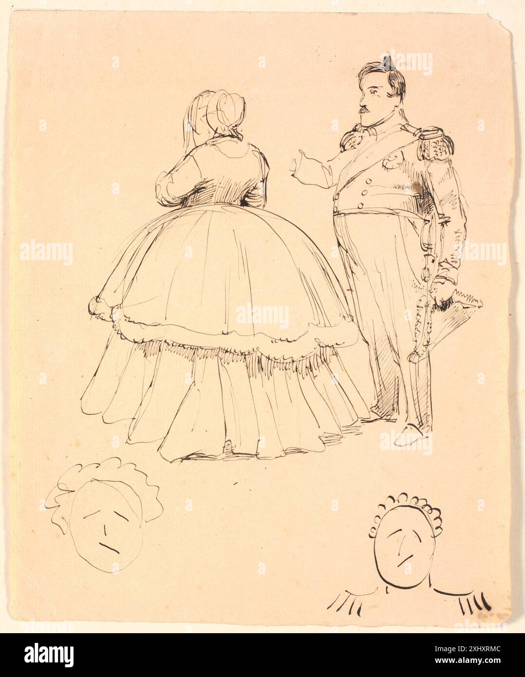 Disegno di P.C. Skovgaard raffigurante una caricatura di Federico VII e della contessa Danner, con Cristiano VIII sotto, che mostra espressioni facciali e abbigliamento. Foto Stock