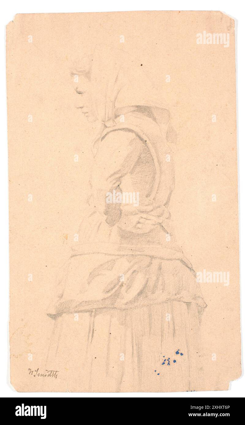 Disegno di Hans Smidth che raffigura una contadina in piedi. L'opera presenta un semplice soggetto rurale in uno stile naturalistico tipico dell'arte di genere danese del XIX secolo. Foto Stock