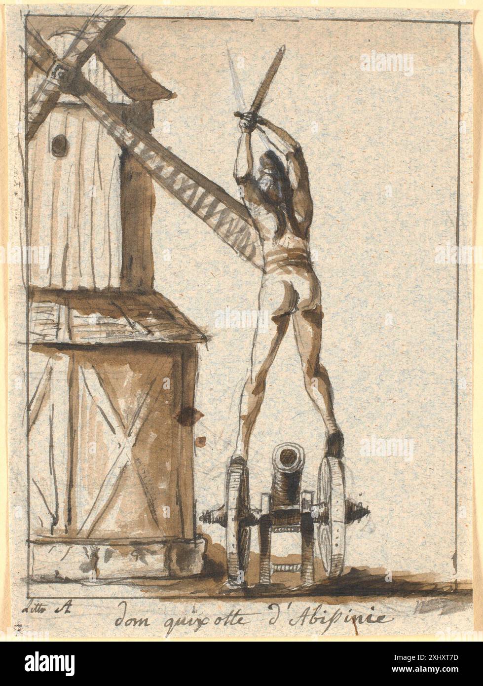 Don Chisciotte, in piedi su un cannone, con la spada sollevata contro una lama di mulino Abildgaard, Nicolai 1743 - 1809 disegno Abildgaard=abildgård, 1743-1809, Ubekendt, fig. 5, omt. + ill. Pag. 24, C 42692, 2008. Nicolai Abildgaard: Der Lehrer von Friedrich und Runge, Ubekendt, fig. 5, omt. + ill. P. 13, C 43272, 2009 Don Chisciotte, stående på en kanon, med sværdet hævet mod en møllevinge Foto Stock