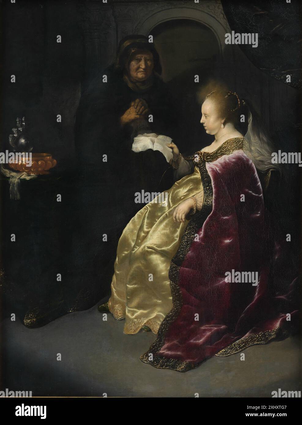 Esther che legge il Decreto di Haman dello sterminio degli ebrei Koninck, Salomon 1609 - 1656, Rembrandt van Rijn 1606 - 1669, Lievens, Jan 1607 - 1674 Pittura Jan Lievens, H. Schneider, 170 (som Salomon Koninck), 10929, 1932. Den kongelige Malerisamlings Tilblivelse, Peter Hertz, 380, 15619, 1924. Gemälde der Rembrandt-Schüler, Werner Sumowski, vol. III: Pag. 1627, afb. p. 1632, omtalt under kat.1079, p. 1641, 86-785, 1983. Cristiano IV og Europa: Den 19. Europarådsudstilling, Danmark 1988, Steffen Heiberg, Olaf Koester, Christian IV og billedkunstens Europa, p. 326, kat. n. 1054, 88-222, 1988. Foto Stock