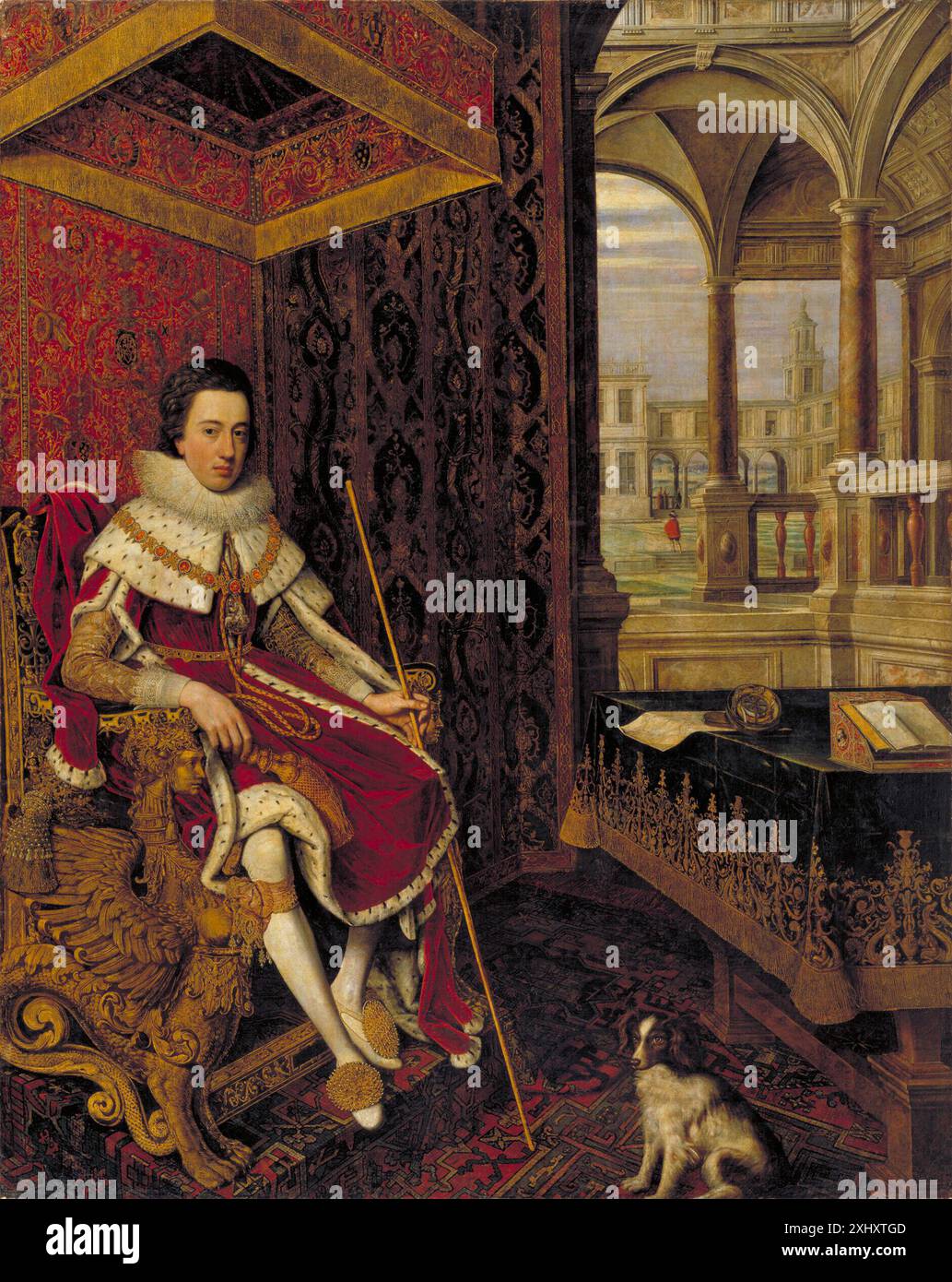 Un dipinto raffigurante Carlo i d'Inghilterra come Principe di Galles, che lo mostra in abito e ambientazione di corte, creato da Hendrik van Steenwijck II, Daniël Mijtens i e Paul van Somer tra il 1574 e il 1649. Foto Stock