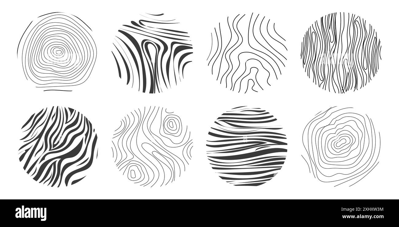Materiale in legno scarabocchiare linea disegnata a mano. Curva geometrica del tronco d'albero e contorno dell'onda. Anelli e cerchi. . Illustrazione vettoriale Illustrazione Vettoriale