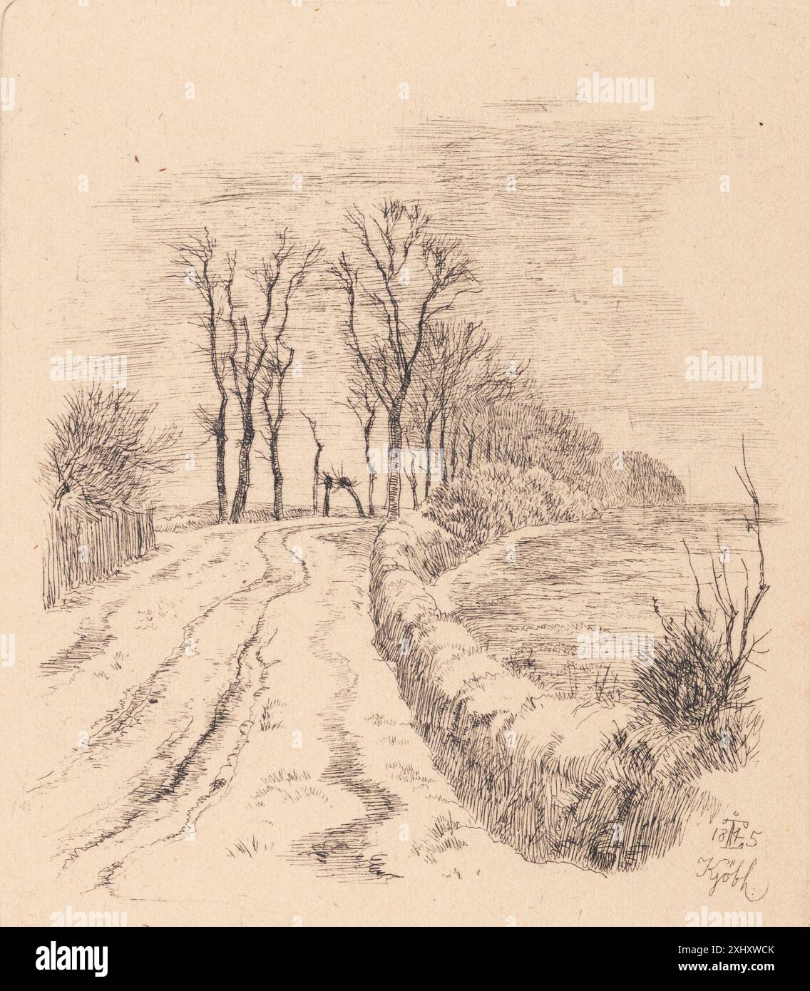 Incisione di Johan Thomas Lundbye raffigurante un viale alberato nella tenuta di Vallø. Foto Stock