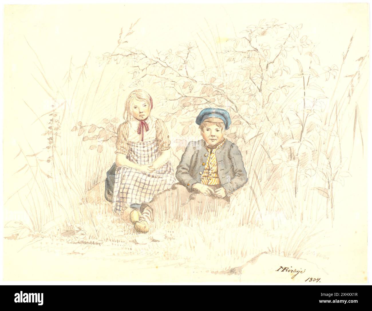 Disegno di Martinus Rørbye, 1803–1848, che mostra un ragazzo e una ragazza seduti all'aperto in un ambiente erboso, enfatizzando la postura e l'interazione. Foto Stock