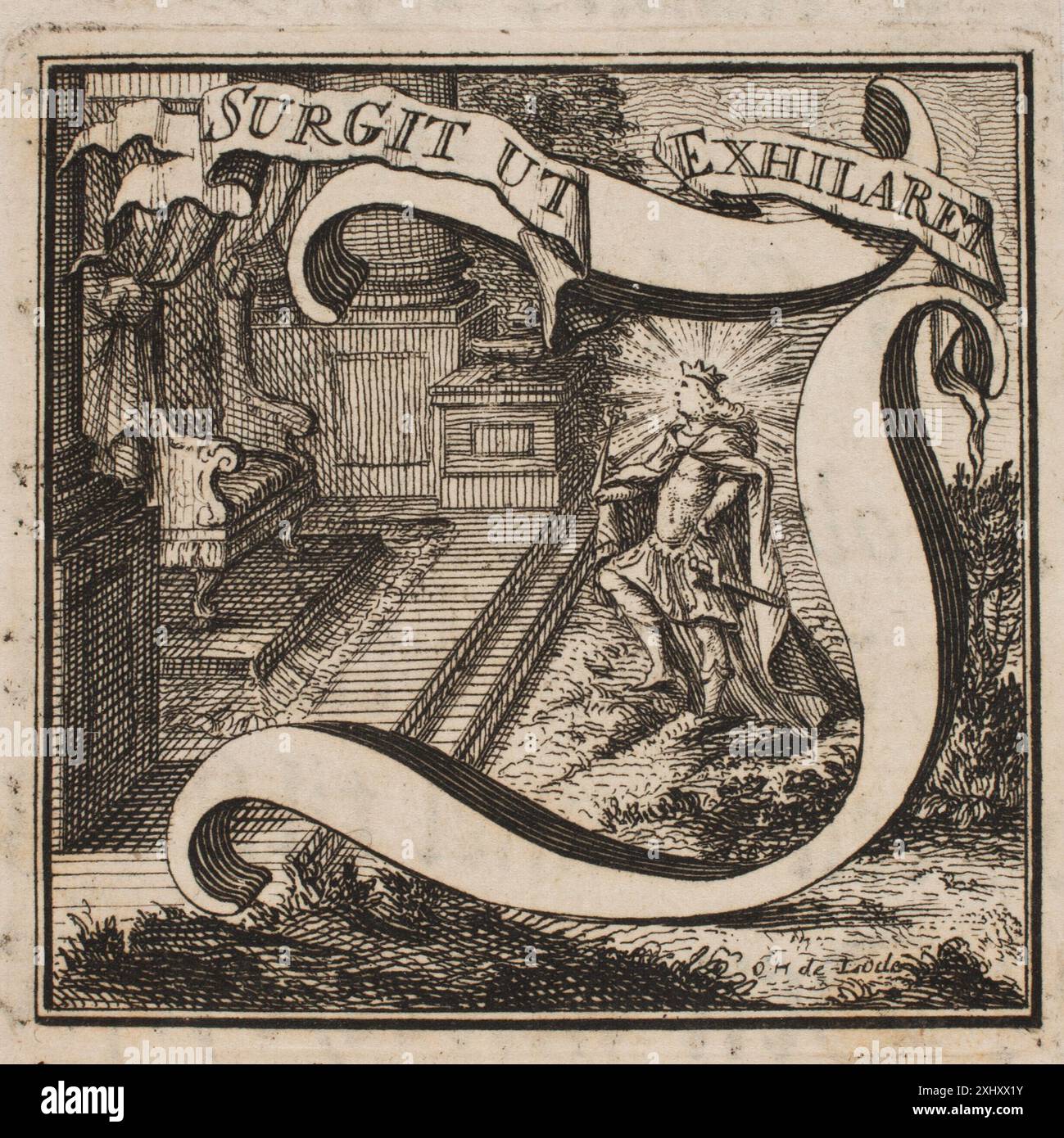 Incisione dell'iniziale del Salving Act di Frederik IV di Odvardt Helmoldt de Lode, che illustra il disegno di lettere ornate utilizzato in un documento reale danese del XVIII secolo. Foto Stock