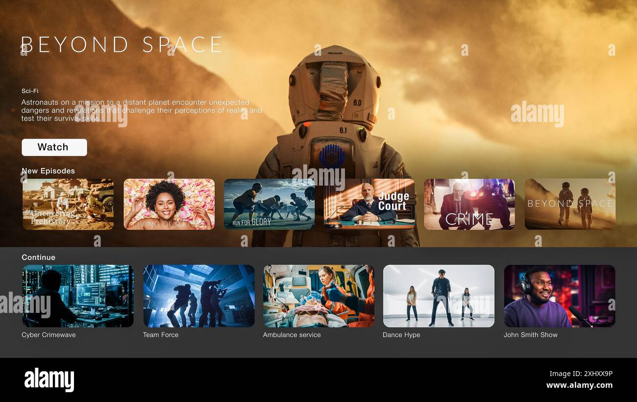 Interfaccia del sito Web del servizio di streaming. L'abbonamento online offre programmi TV, realtà e film di fantascienza. Sostituzione dello schermo per PC desktop e notebook con Science Fiction Television Show. Foto Stock