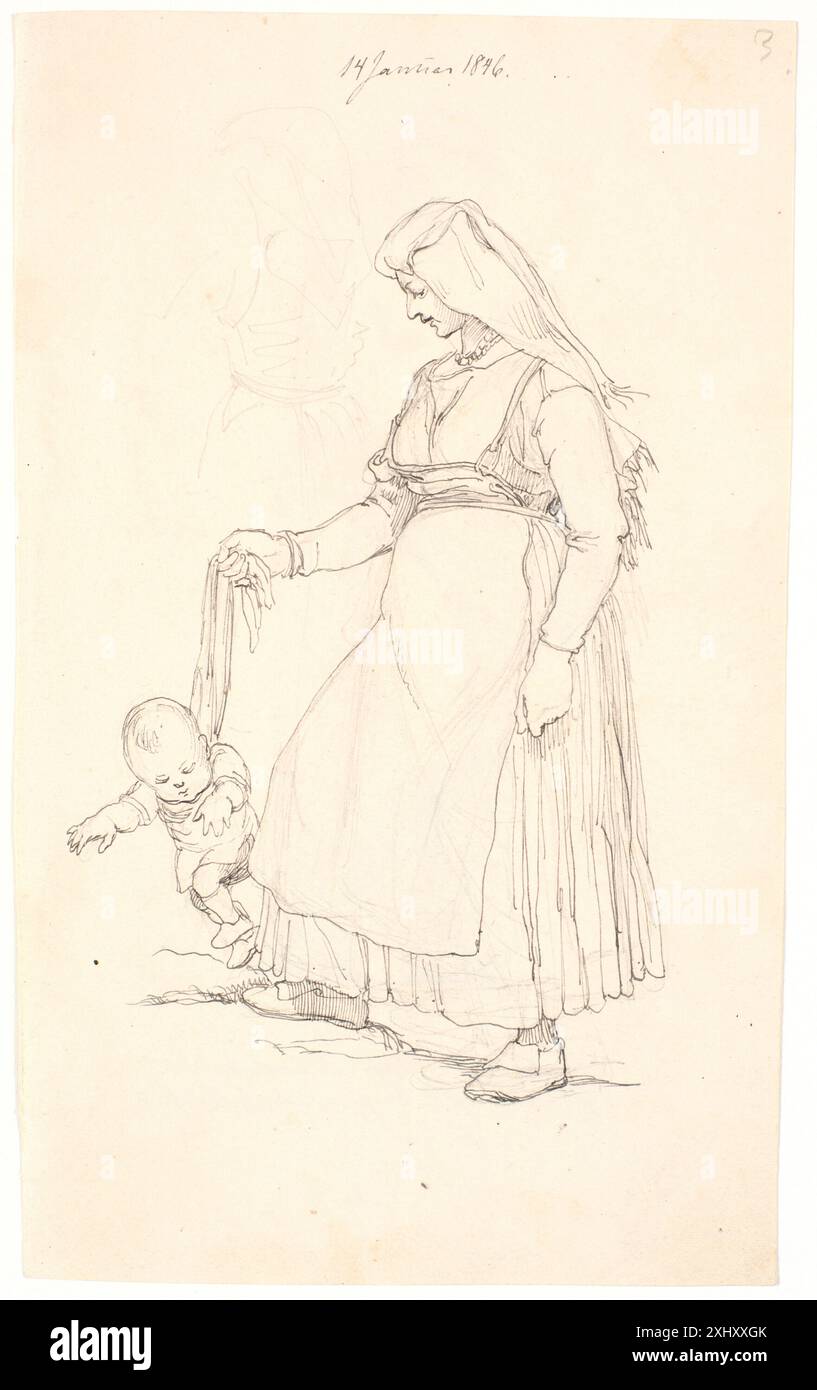 Un disegno a matita di Johan Thomas Lundbye (1818-1848) raffigurante una donna contadina che conduce il suo bambino in un'imbracatura, vista da dietro. Foto Stock