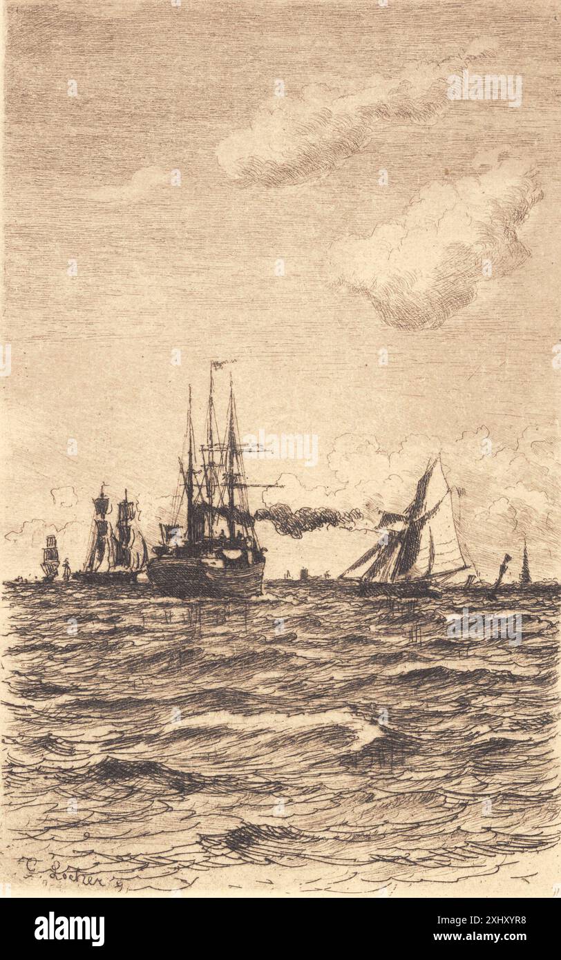 Vaporetti e navi a vela Locher, Carl 1851 - 1915, Alfred Jacobsens Forlag 1874 Etching, Print Damper og sejlskibe Foto Stock