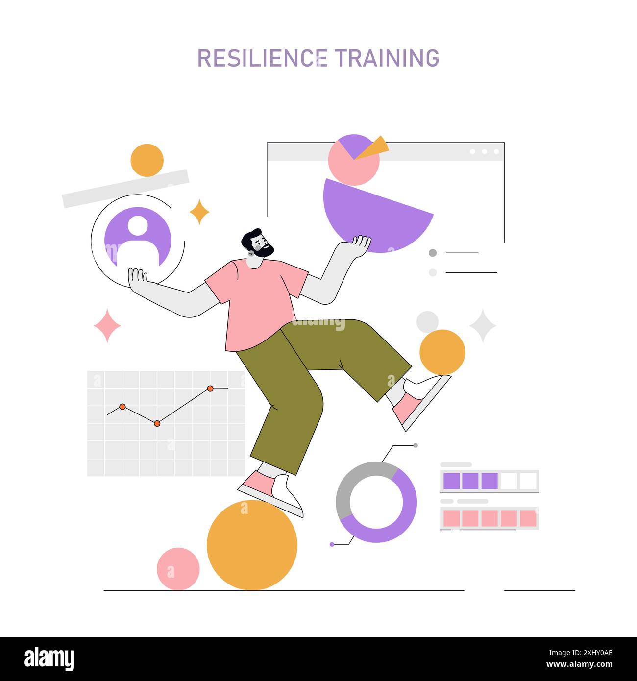 Concetto di formazione sulla resilienza. Illustrazione incentrata sullo sviluppo personale e sulla forza emotiva. Bilanciare le sfide della vita con una mentalità positiva. Illustrazione vettoriale. Illustrazione Vettoriale