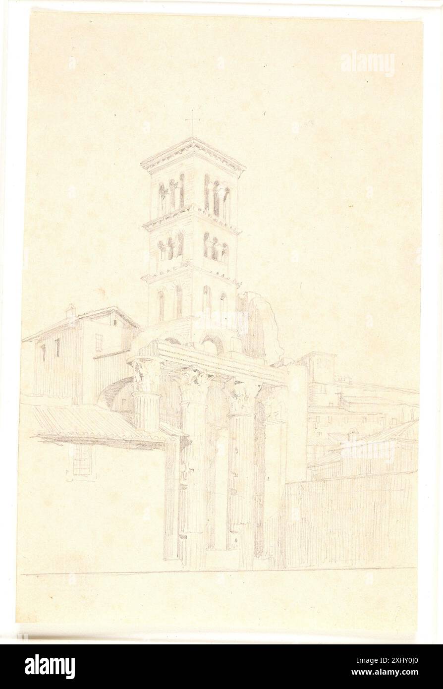 La fila dei pilastri del Mars Ultor Temple. Sullo sfondo una torre della chiesa, S.S. Quirico e Giulitta Hansen, Constantin 1804 - 1880 disegno Dengang i Italien: H.C. Andersen og guldaldermalerne, Hans Edvard Nørregård-Nielsen, OMT. afb og. pag. 235, 2005-126, 2005. Romerske Billeder: med danske Forfattere i Rom, Ernst P. Hansen, 130, 23325, 1956. Guldalderens malerkunst: Dansk arkitekturmaleri 1800-1850, Knud Voss, fig. 73, pag. 138, omt. P. 136, se nota 138f, p. 209, kirken angives som Santissima Annunziata dei Dominicani, 34156, 1968. Ispirazione Italiensk: Danske kunstnere i Italien. Gennem Tegninger Foto Stock