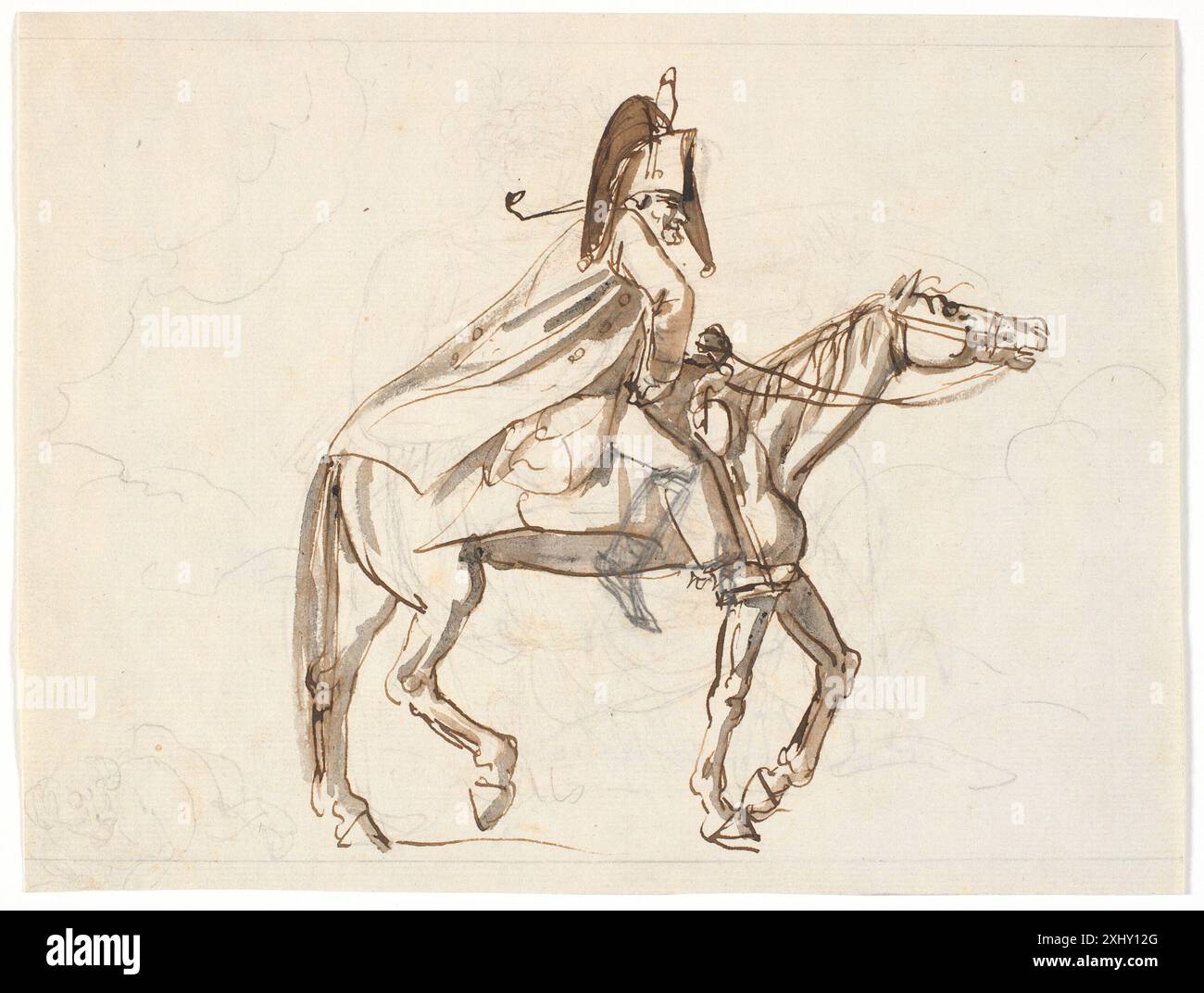 Una caricatura di Nicolai Abildgaard (1743-1809) che ritrae una figura militare a cavallo, enfatizzando l'espressione, il movimento e lo stile satirico. Foto Stock