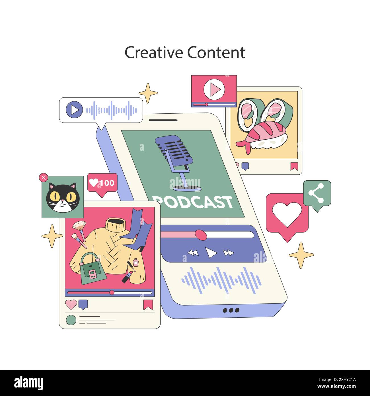 Concetto di strategia digitale. Vari dispositivi che mostrano podcast, video e coinvolgimento sui social media. Creazione multimediale, condivisione online e interazione con il pubblico. Illustrazione vettoriale. Illustrazione Vettoriale