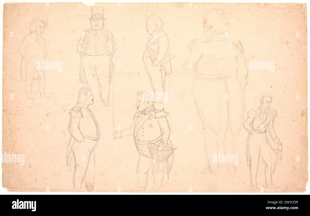 Disegno di P.C. Skovgaard raffigurante caricature di A.S. Ørsted, Federico VII, Cristiano VIII e probabilmente Federico vi, sottolineando caratteristiche facciali esagerate. Foto Stock