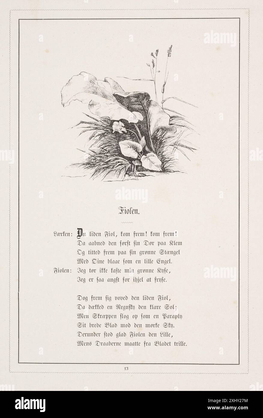 Un'illustrazione xilografica di Johan Thomas Lundbye (1818-1848) per "Fables for Children" di H.V. Kaalund raffigurante un violino, evidenziando la rappresentazione di strumenti musicali e la composizione narrativa. Foto Stock