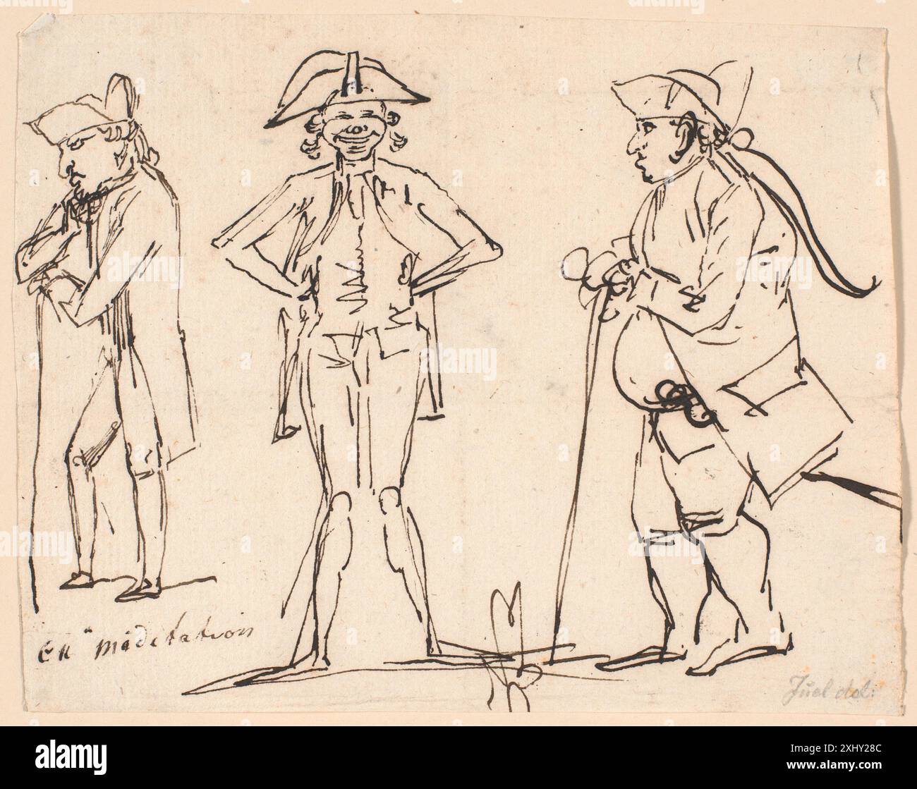 Un disegno di Jens Juel (1745-1802) che presenta caricature di Clemens, Juel e Charles Bonnet, concentrandosi su caratteristiche facciali esagerate e studio dei personaggi. Foto Stock