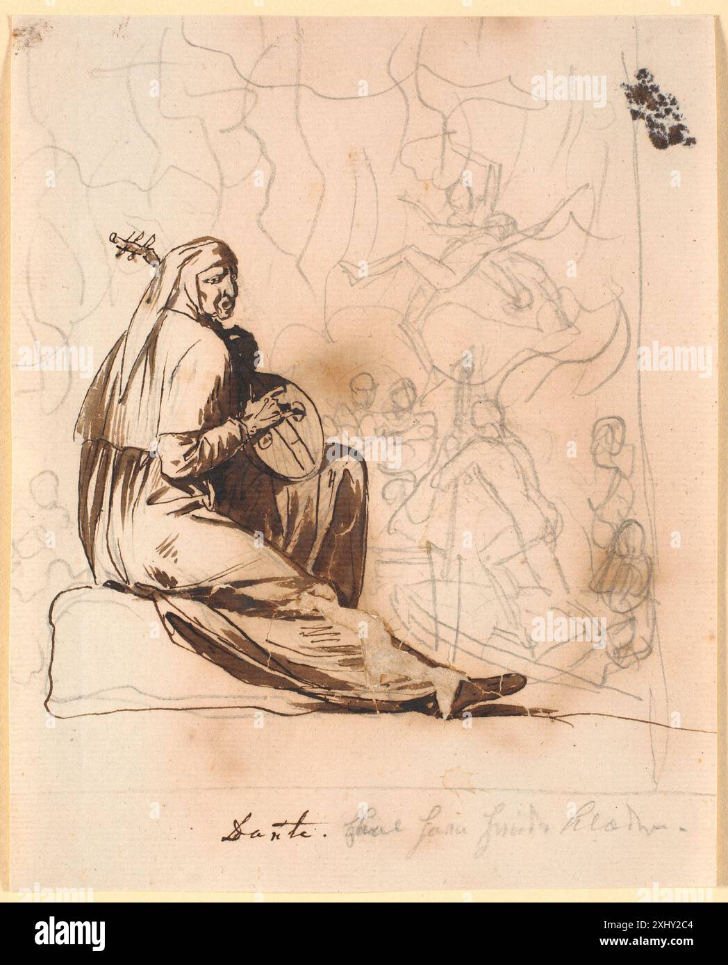 Disegno di Nicolai Abildgaard (1743-1809) raffigurante Dante seduto con un liuto, con figure dell'Inferno sullo sfondo. Foto Stock