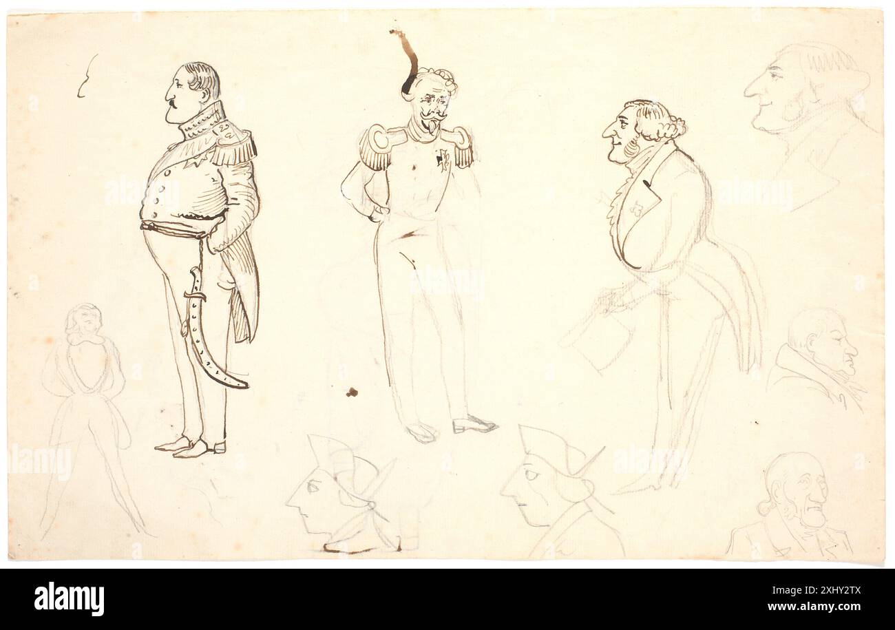 Una caricatura di P.C. Skovgaard raffigurante Frederik VII e altre figure, tra cui Grundtvig e probabilmente Orla Lehmann, enfatizzando le espressioni facciali e lo stile satirico. Foto Stock