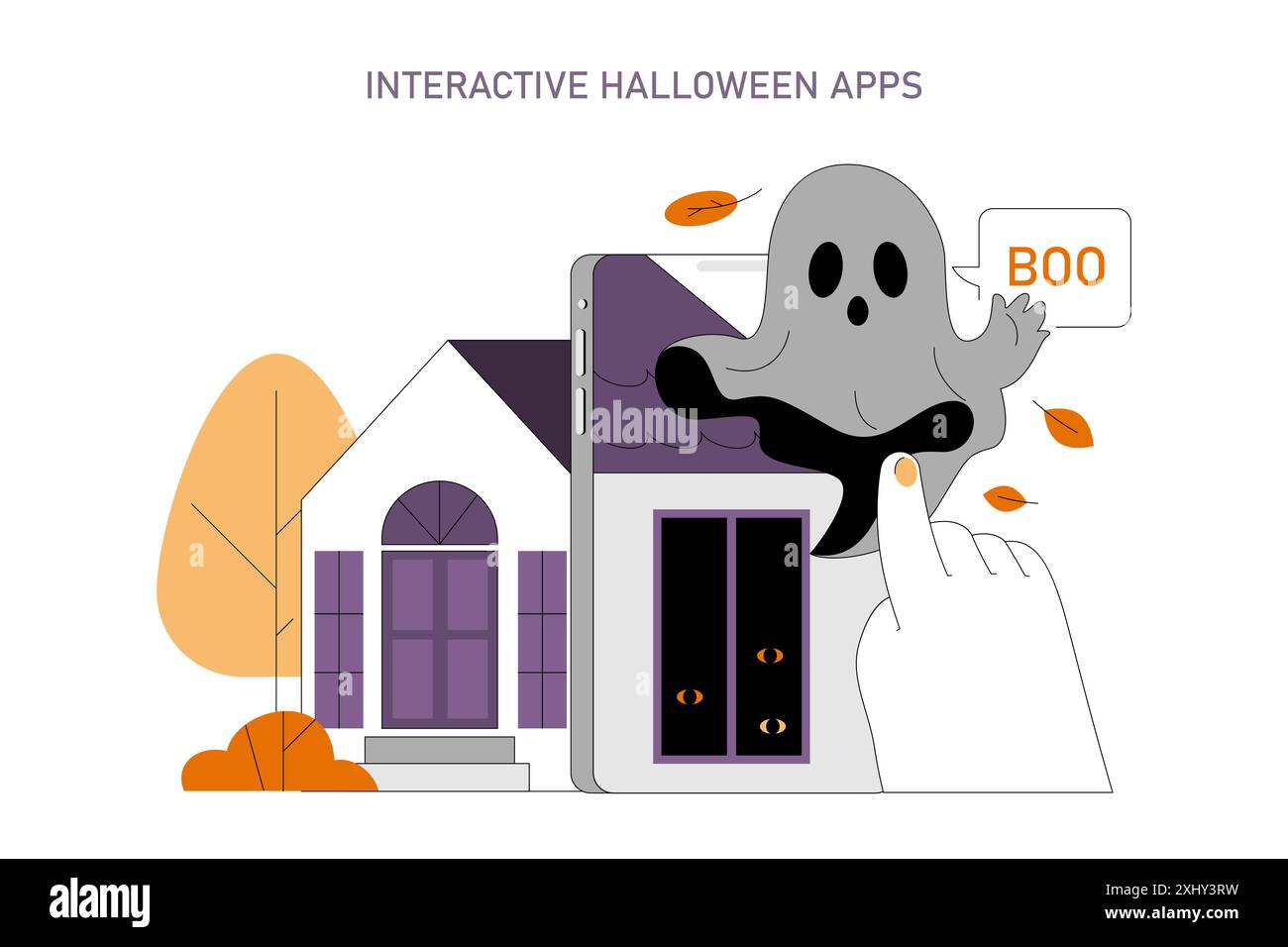 Il concetto di app per Halloween. Un fantasma simpatico che esce da un tablet digitale vicino a una casa infestata dai fantasmi, le foglie d'autunno girano. Illustrazione vettoriale. Illustrazione Vettoriale