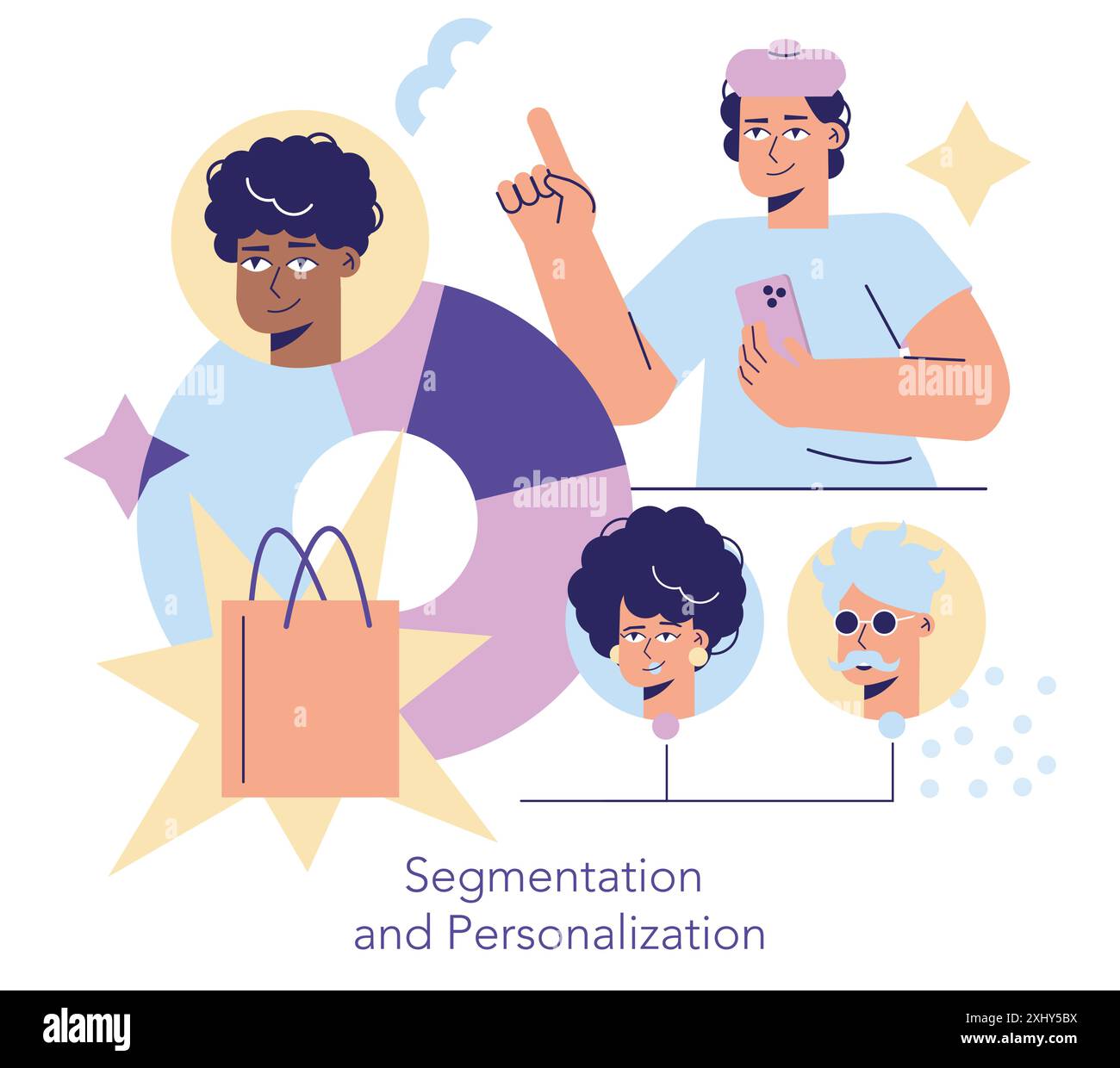 Concetto di tecnologia retail. Clienti rappresentati con dati per esperienze di acquisto personalizzate. Strategia di segmentazione del mercato. Illustrazione vettoriale. Illustrazione Vettoriale