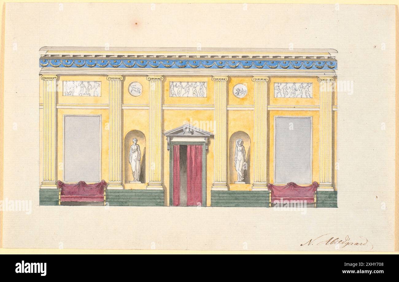 Progetto di decorazione della lunga parete interna del gallasal Abildgaard, Nicolai 1743 - 1809 disegno Danske arkitekturtegninger fra Harsdorff til Herholdt, Hakon Lund, kat.52, 30806, 1964. Nicolai Abildgaard, 1743-1809: Arbejder af Abildgaard i Frederiksborgmuseet : udstillingen er åben 10. oktober 1979 - 3. januar 1980, Nicolai Abildgaard, kat.89, 47223, 1979. Klassicisme i København: Arkitekturen på C.F. Hansens tid, Ubekendt, P.168, C 23340, 1998 Udkast til dekoration af den indre langvæg i Gallasalen Foto Stock