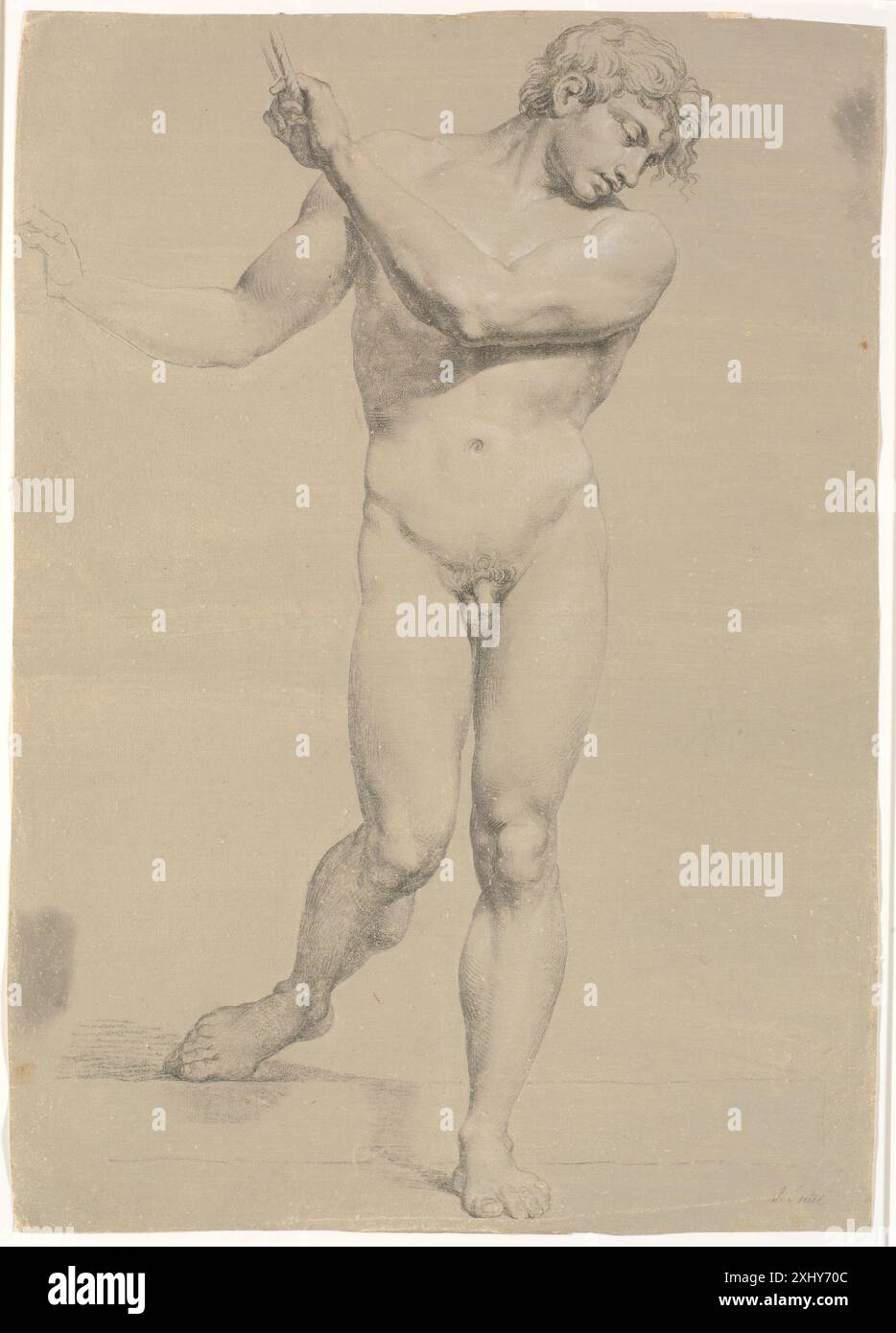 Disegno di Jens Juel di un modello in piedi rivolto in avanti con braccia rialzate, che illustra la postura del corpo e la posizione del braccio nel XVIII secolo. Foto Stock