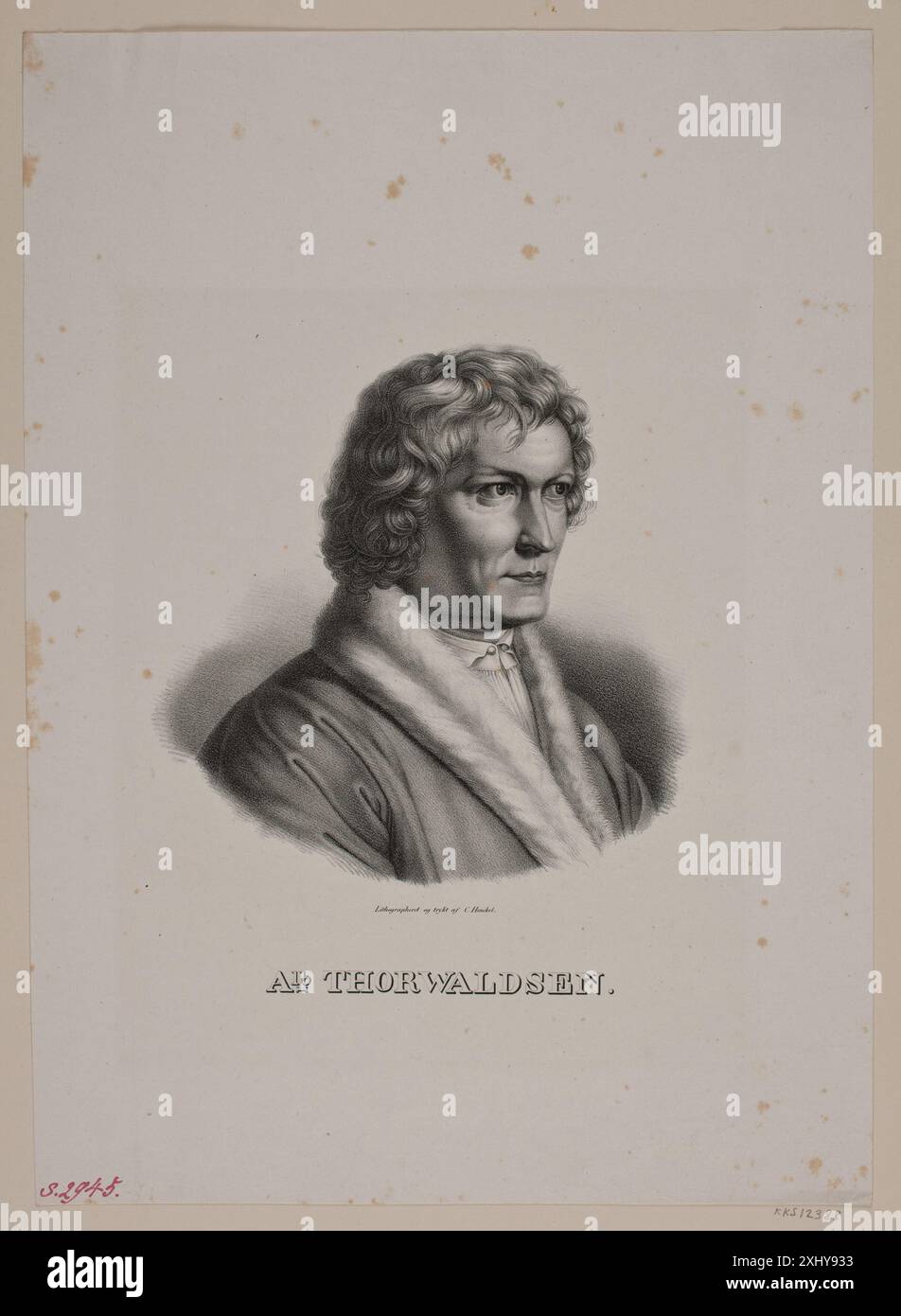 Thorvaldsen Henckel, Carl 1801 - 1853, Begas, Karl 1794 - 1854 litografia, Print Danske portrætter i kobberstik, litografi og træsnit: en beskrivende fortegnelse, P.B.C. Westergaard, nr. 11926, C 3997:1-2 da, 1930-1933. Samlinger til en beskrivende Catalog over Portraiter af Danske, Norske og Holstenere, A Strunk, nr. 2945, 41322, 1865 Thorvaldsen Foto Stock