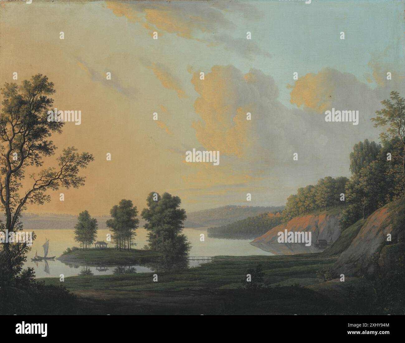 Vista del maniero di Dronninggaard attraverso il lago Fure, nel nord della Zelanda. Pauelsen, Erik 1749 - 1790 Pittura Dansk identitetshistorie, Ubekendt, bd. 1, pag. 352, 91-177, 1991-1992. Fornuft og følelse: dansk kunst i 1700-tallet, Gertrud con, kat. 41., 96-738, 1996. Aftenlandet: Motiver og stemninger i dansk landskabsmaleri omkring år 1800, Ubekendt, kat. 38, malato. + omt. P. 124, C 47065, 2011 View of the Manor of Dronninggaard across Lake Fure, North Zealand. Foto Stock
