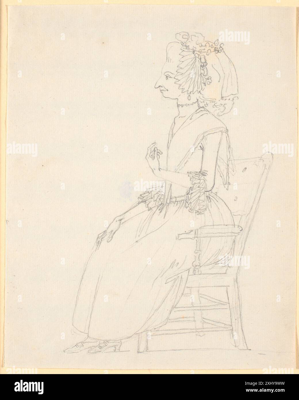 Il disegno di Nicolai Abildgaard raffigura una caricatura di una signora pesantemente decorata seduta su una poltrona a sinistra, sottolineando l'abbigliamento, la postura e l'espressione facciale. Foto Stock