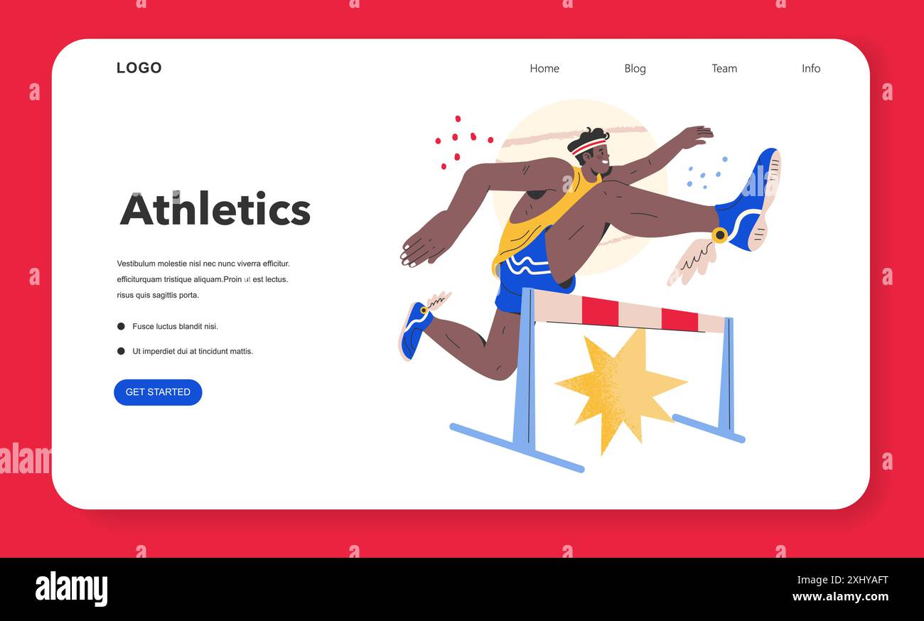 Concetto dei Giochi Olimpici. Un atleta salta su un ostacolo, catturando l'intensità dinamica degli eventi in pista e sul campo. Illustrazione vettoriale su un moderno banner Web. Illustrazione Vettoriale