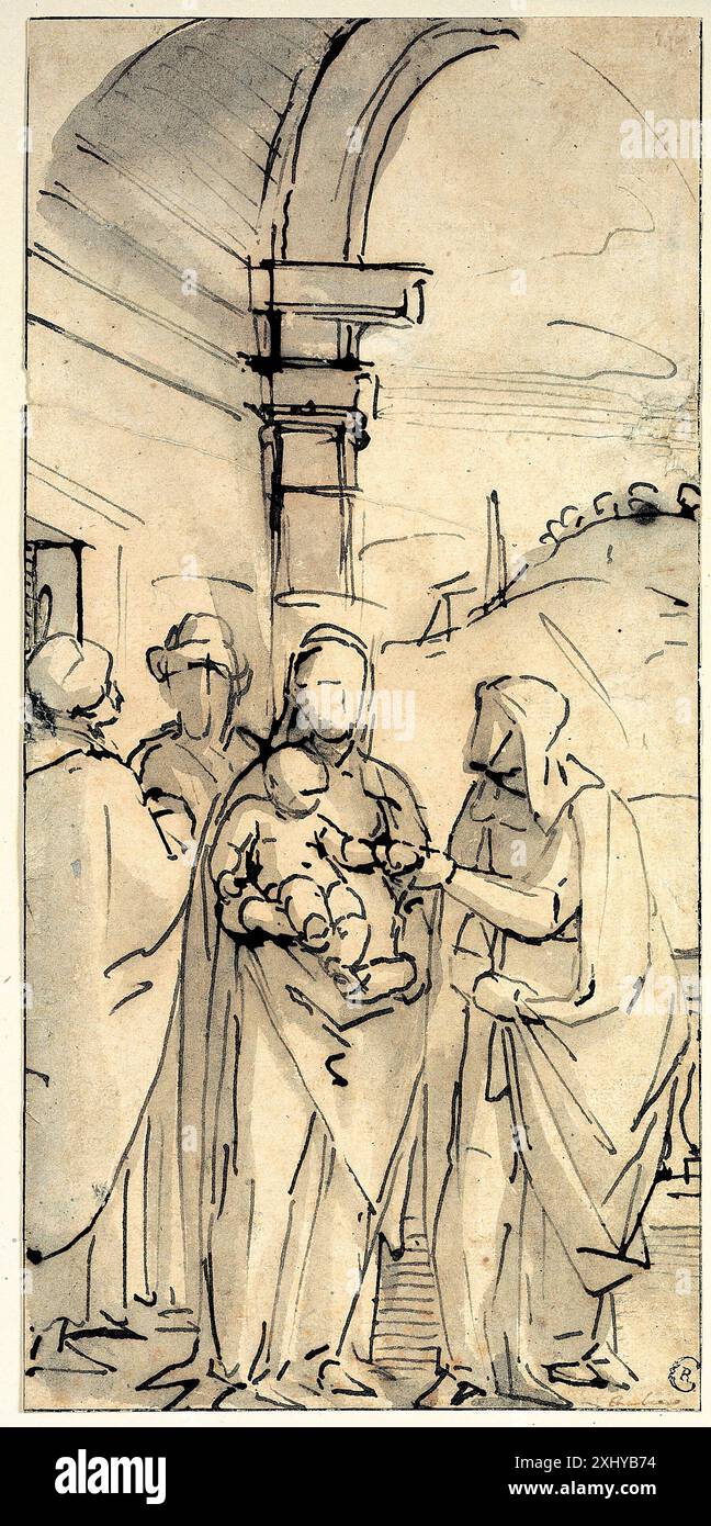 Disegno di Luca Cambiaso raffigurante la Sacra famiglia con i Santi Anna e Gioacchino, con figure, postura e contesto religioso. Foto Stock