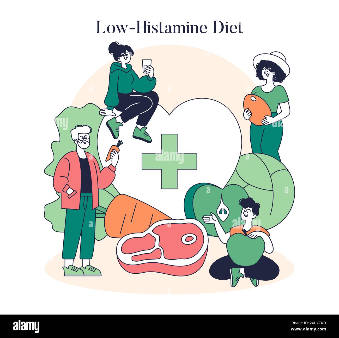 Dieta a basso contenuto di istamina. Illustrazione di persone che abbracciano alimenti salutari per gestire le sensibilità alimentari. Allergeni, stile di vita benessere. Illustrazione vettoriale. Illustrazione Vettoriale