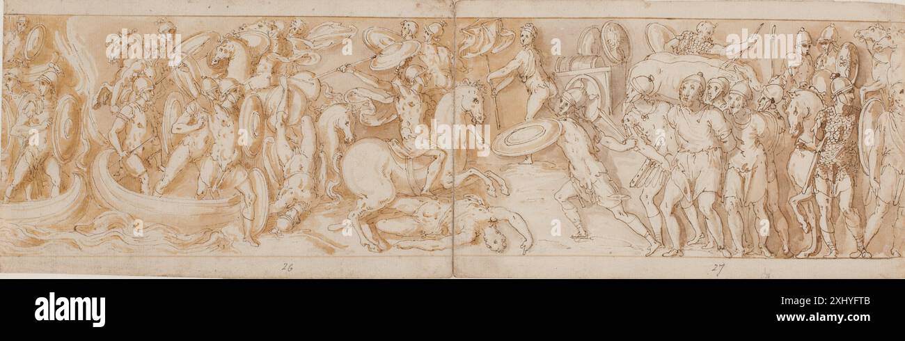 I soldati romani attraversano un fiume usando delle barche, mentre un soldato si impegna in combattimento. Le guardie trasportano prigionieri barbari davanti all'imperatore. Inizia una nuova marcia. Foto Stock