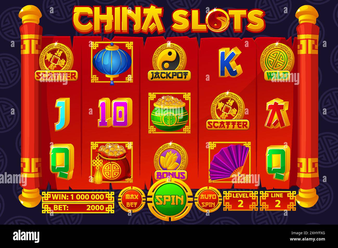 Interfaccia utente completa per slot game. Gioco del casinò a tema cinese. Set di simboli a 12 fessure. L'interfaccia utente del gioco è in stile cartone animato con pulsanti di base Illustrazione Vettoriale