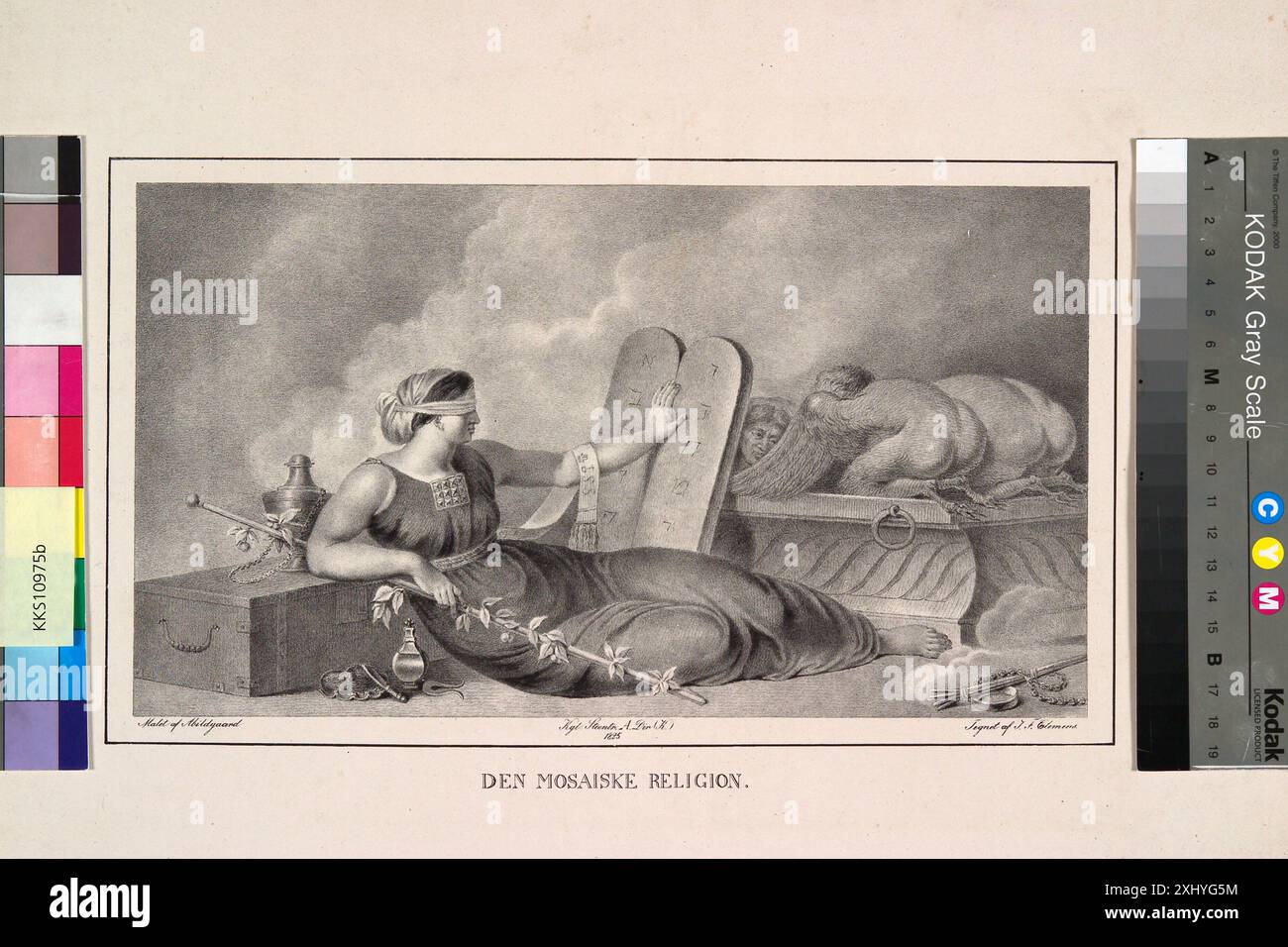 Una litografia di J.F. Clemens e Nicolai Abildgaard che illustra la religione Mosaica (ebraica), mostrando elementi simbolici e religiosi in una rappresentazione visiva. Foto Stock