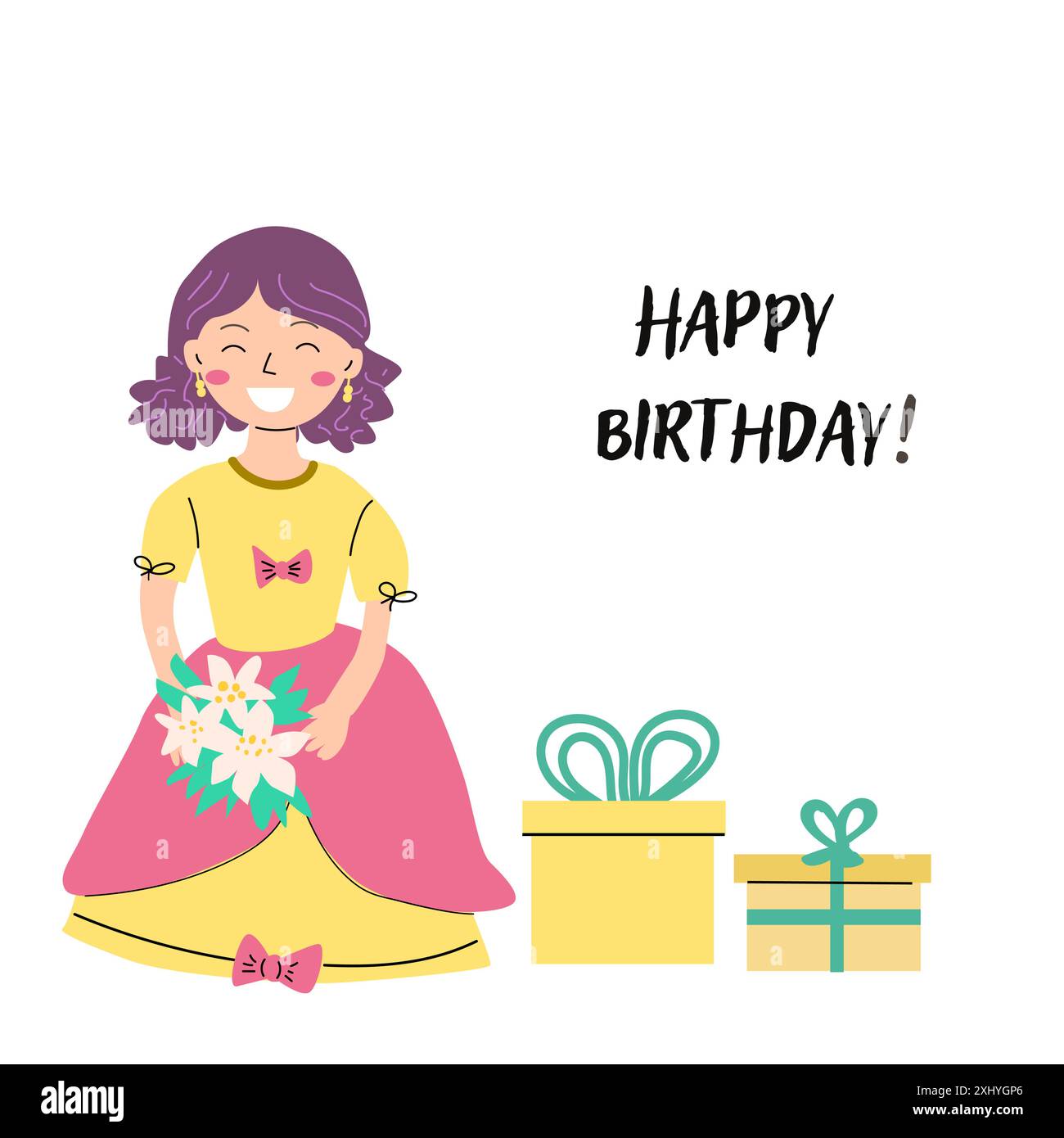 Modello di biglietto di compleanno per bambini. Design celebrativo per l'anniversario. Una principessa carina con un regalo. Illustrazione Vettoriale