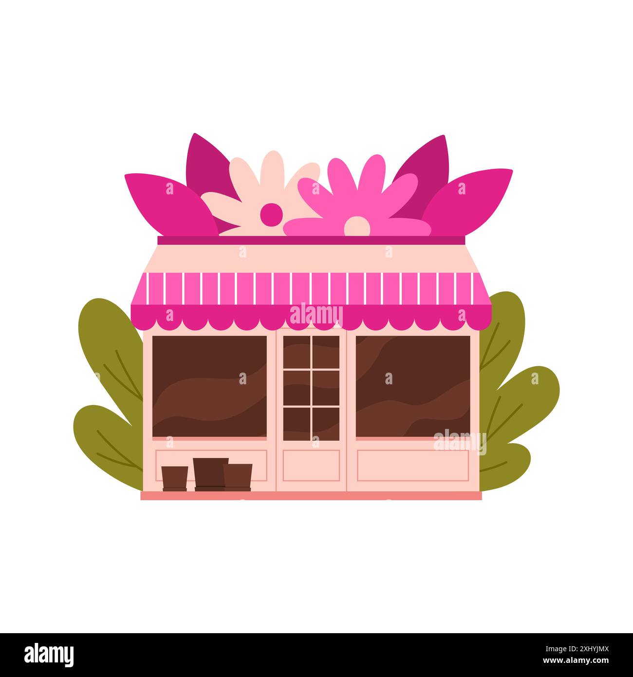 Negozio di fiori, romantica facciata rosa dell'edificio con bouquet floreale sull'illustrazione vettoriale della tenda Illustrazione Vettoriale