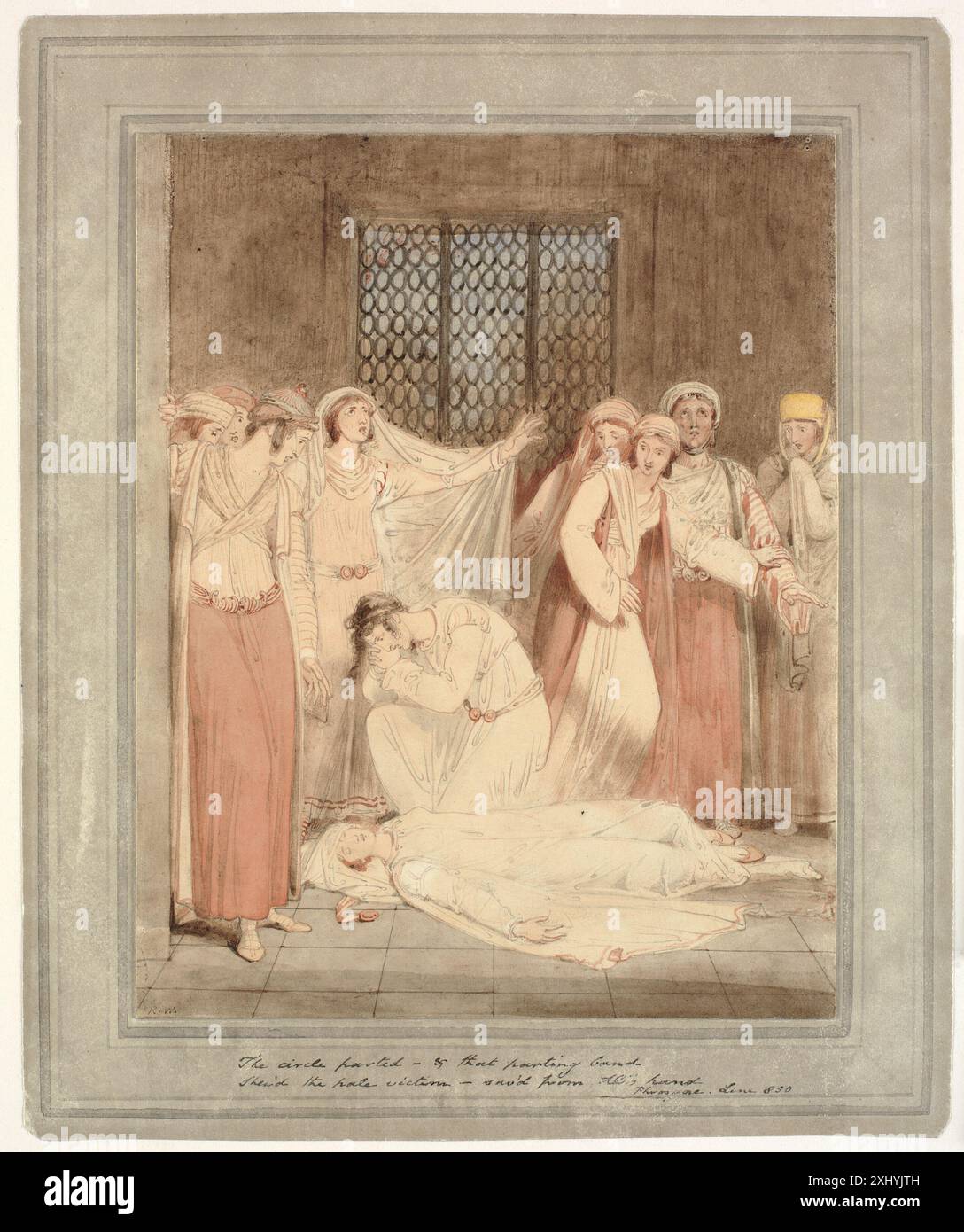 Disegno di Richard Westall che illustra una scena del racconto greco di Henry Gally Knight "Phrosyne". Foto Stock