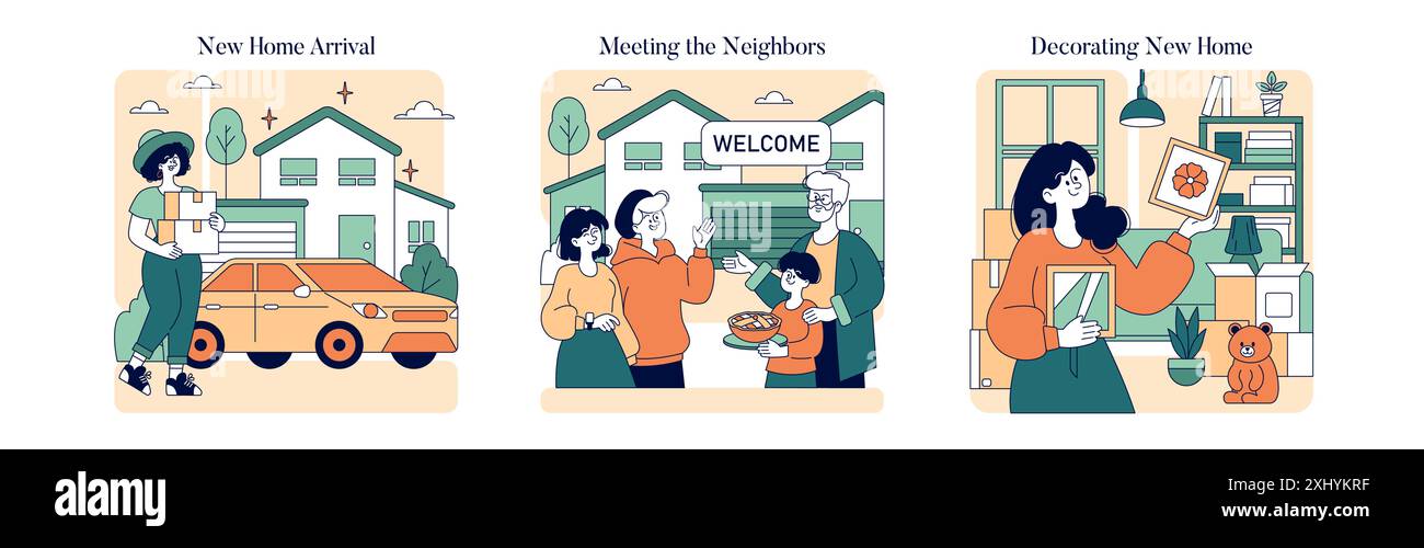 Allontanamento del set. Arrivo in una nuova casa, incontro con i vicini e decorazione degli interni. Transizione verso un nuovo inizio, accoglienza da parte della comunità, creazione di uno spazio personalizzato. Illustrazione vettoriale. Illustrazione Vettoriale