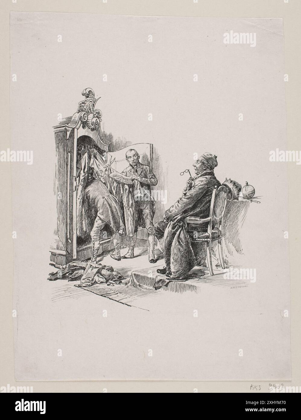 Xilografo di Robert Neergaard (1840-1912) e Erik Henningsen (1855-1930) che illustra "i nuovi vestiti dell'Imperatore", raffigurando tecniche di illustrazione letteraria danese del XIX secolo. Foto Stock