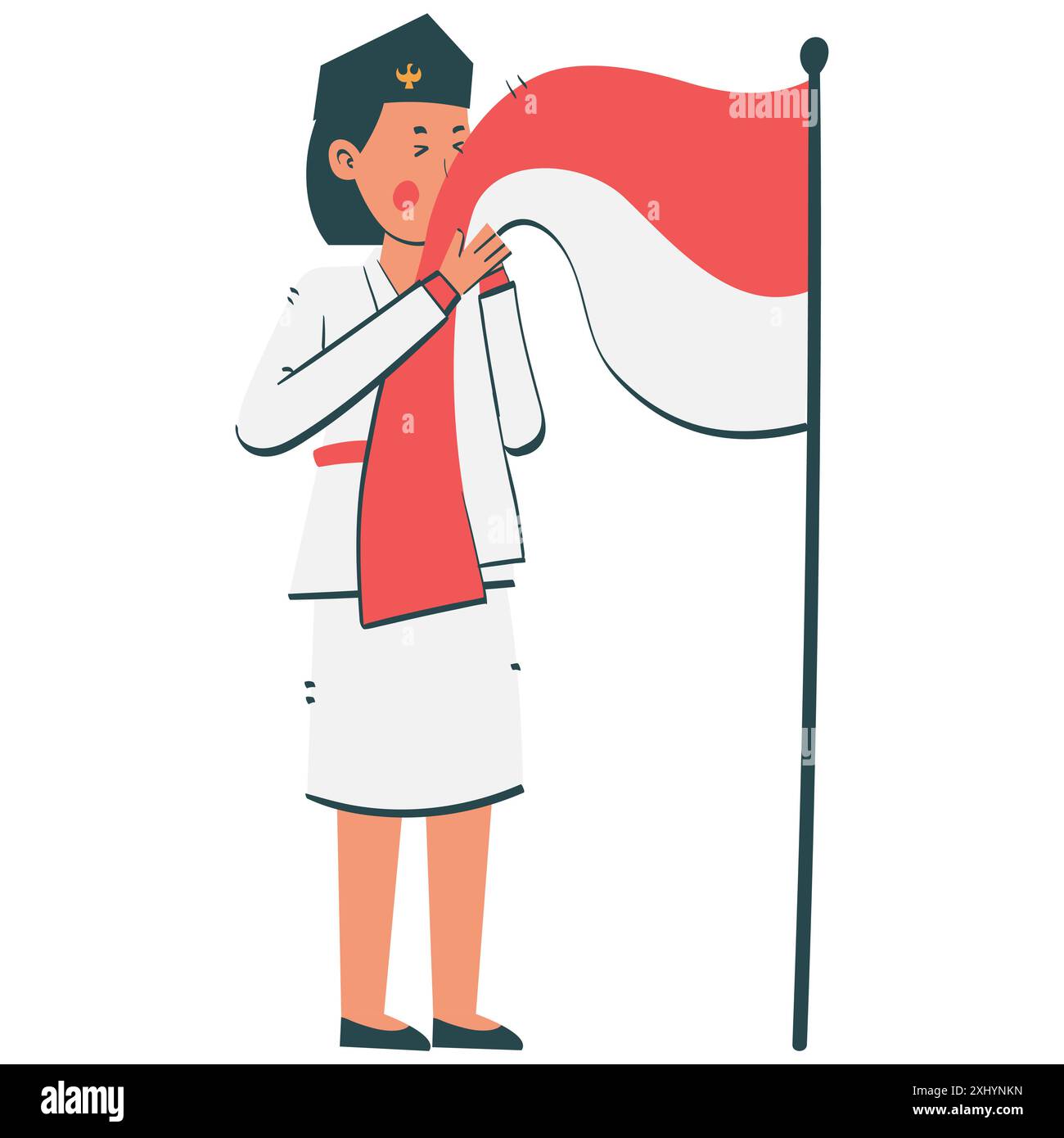 Donna indonesiana in abbigliamento tradizionale che mostra patriottismo baciando la bandiera nazionale nel giorno dell'indipendenza Illustrazione Vettoriale