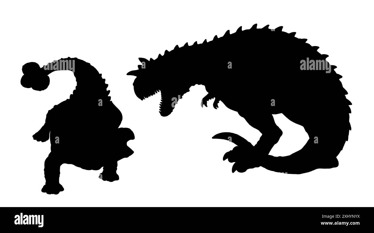 Il disegno nero della silhouette del dinosauro predatore Carnotaurus attacca l'Ankylosaurus. La battaglia dei dinosauri. Disegno con animali preistorici. Foto Stock