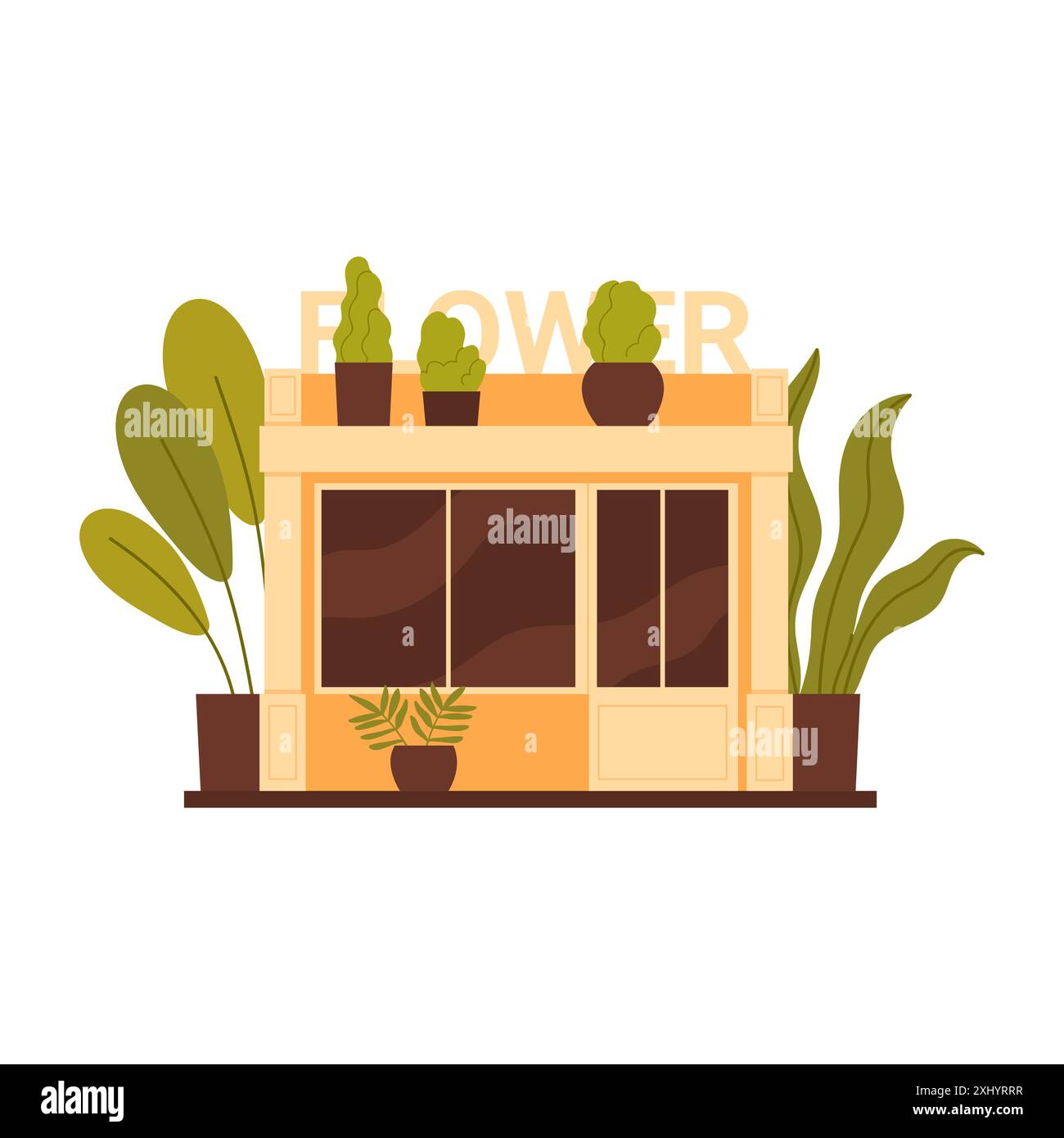 Facciata gialla del negozio di fiori con vetrina e porta, vaso di fiori sul pavimento illustrazione vettoriale Illustrazione Vettoriale