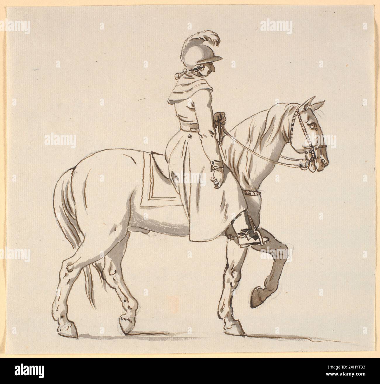 Un disegno caricaturale di Nicolai Abildgaard raffigurante un cavaliere, forse come un concetto per una statua di Cristiano V, enfatizzando la postura e l'espressione. Foto Stock