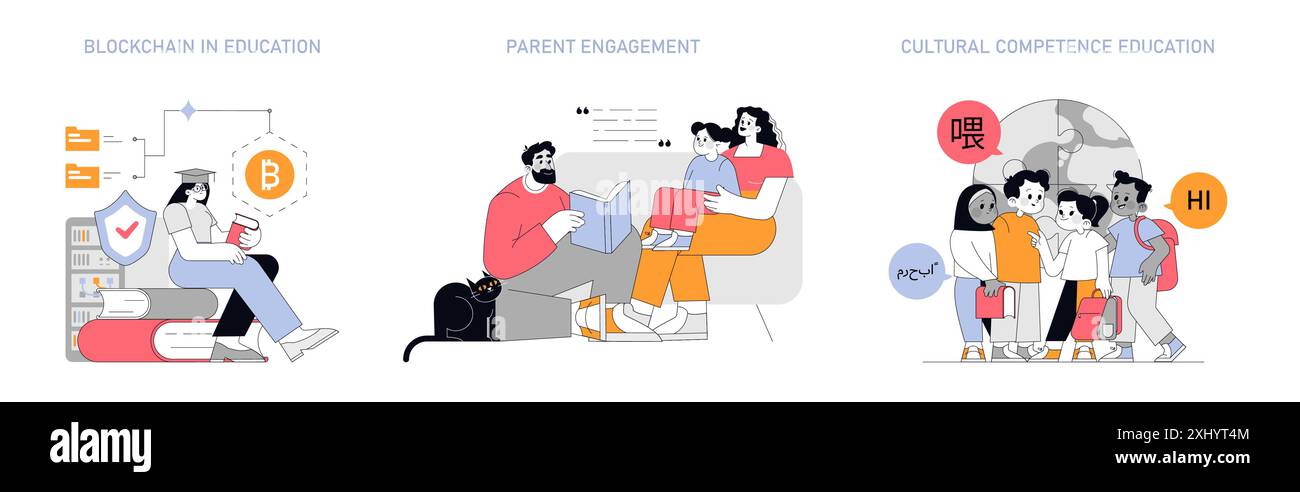 Set di concetti didattici. Tendenze moderne nell'apprendimento, coinvolgimento dei genitori e consapevolezza culturale nella scuola. Certificazione digitale, genitorialità impegnata, diversità abbracciare. Illustrazione vettoriale. Illustrazione Vettoriale